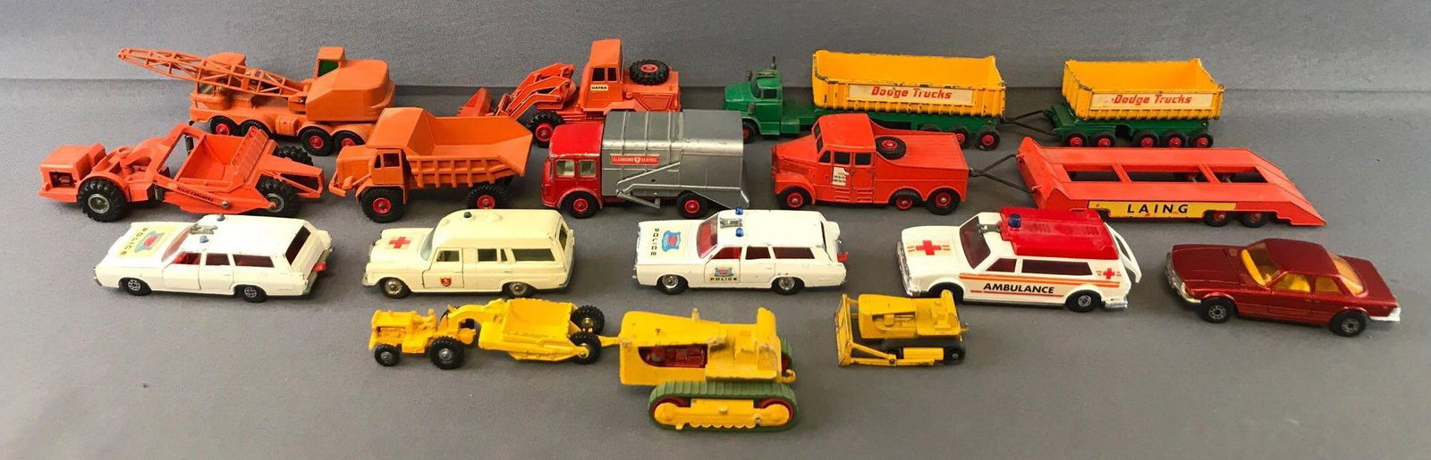 Group of 16 Matchbox and Matchbox King Size Die-Cast: Includes No. K-6 Mercedes-Benz Binz Ambulance, No. 18 Caterpillar D8 Bulldozer, No. 5 Foden Dump Truck, and more