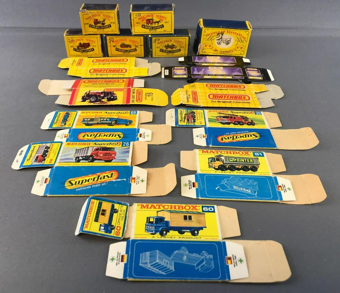 Group of 14 Assorted Matchbox Boxes-Empty: Superfast, Star Cars, Moko Lesney. Some damaged boxes