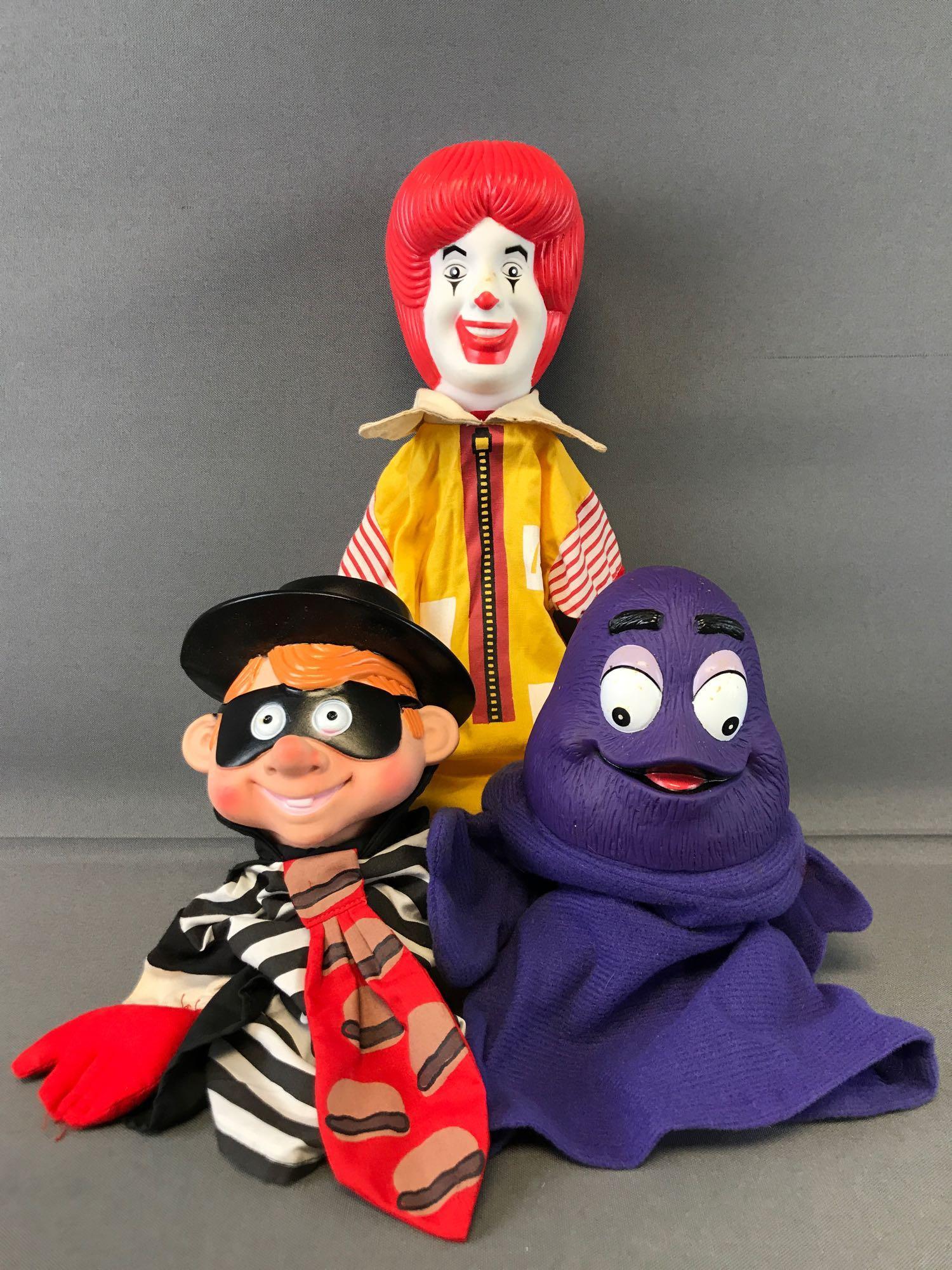 Group of 3 1993 McDonalds Hand Puppets: Ronald, Hamburglar, Grimace. Appx 12x13 inches each