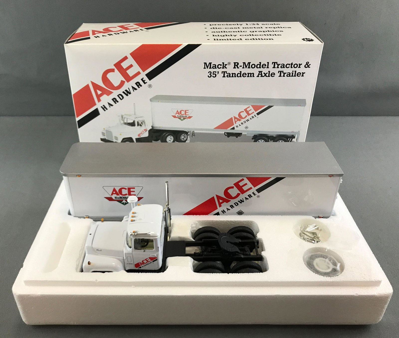 First Gear Ace Hardware die cast truck in original box: 1/34 scale, Mack R-model tractor and trailer