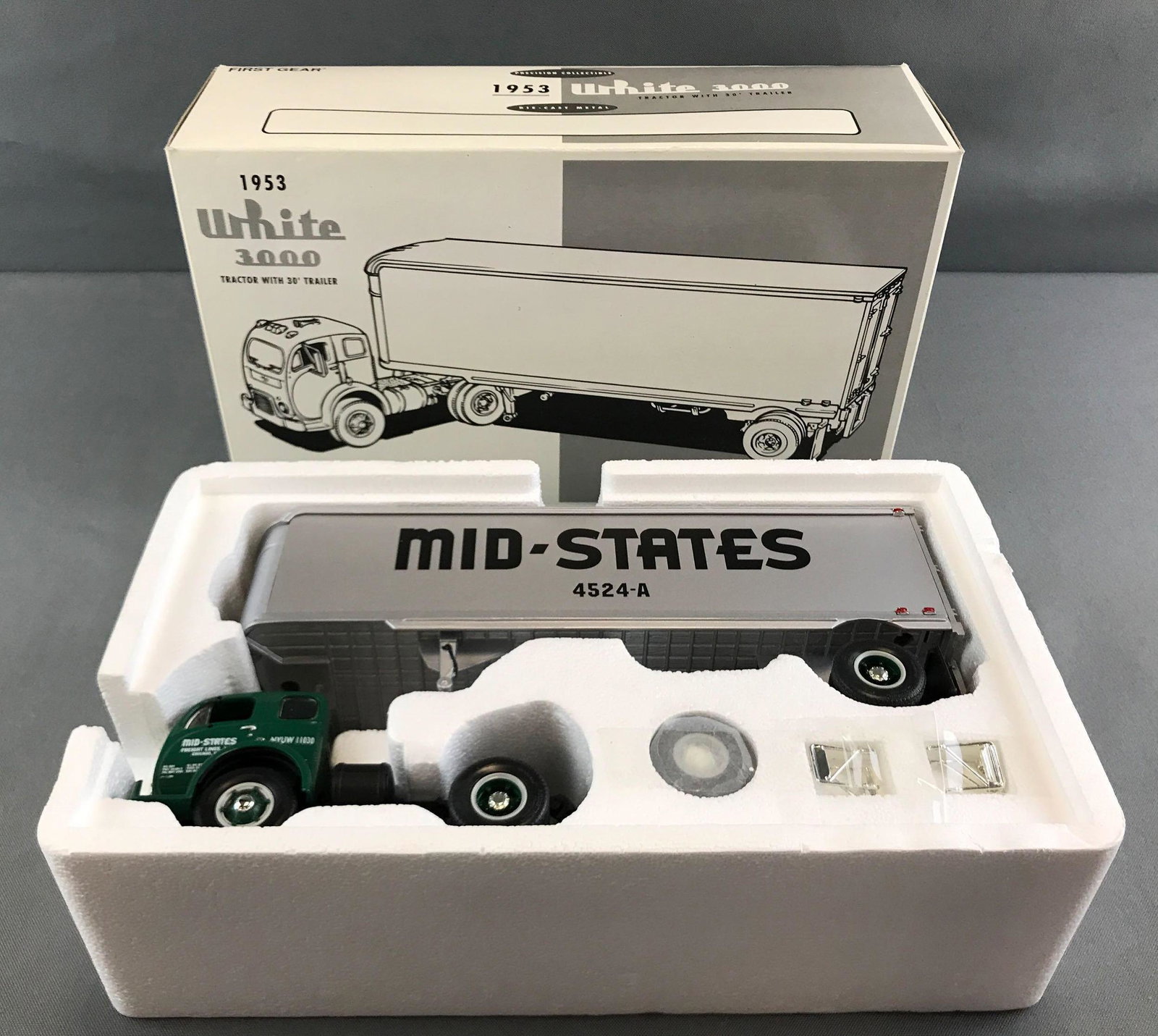 First Gear Mid-States Freight Lines die cast truck in: 1/34 scale, 1953 white 3000 tractor with trailer