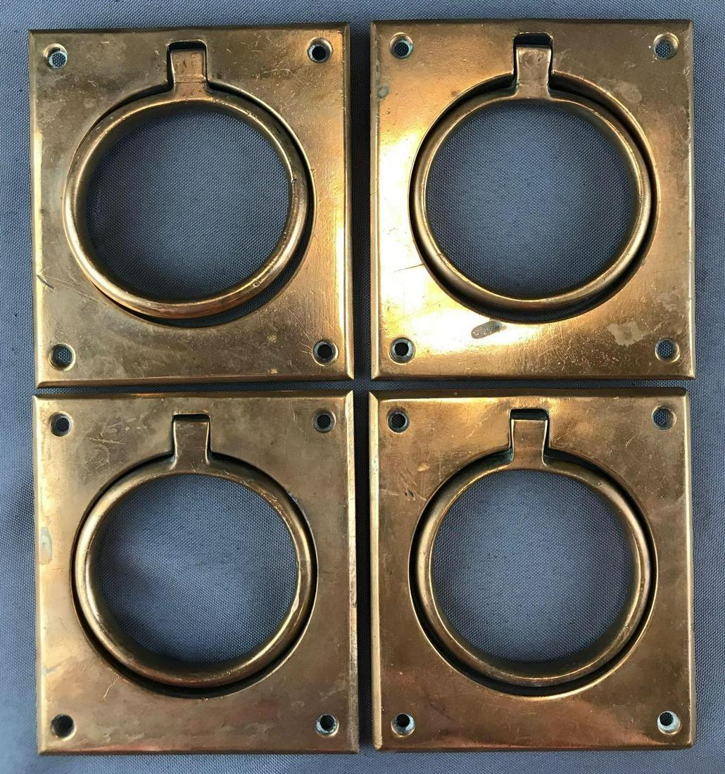 Group of 4 : Vintage Brass Flush Mounted Ring Pulls: 4.25 x 4.75 inches each