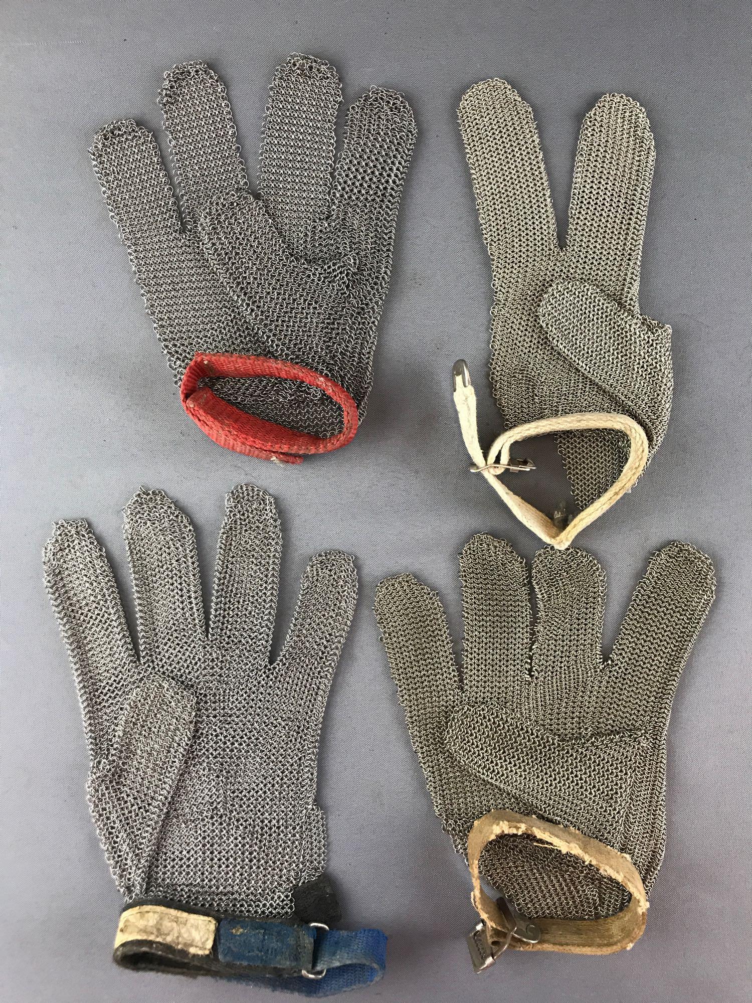 Group of 4 : Ring Mesh Cut and Puncture Resistant: Largest glove measuresapproximately 4.5 x 9.5 inches; assorted sizes, types, and closures