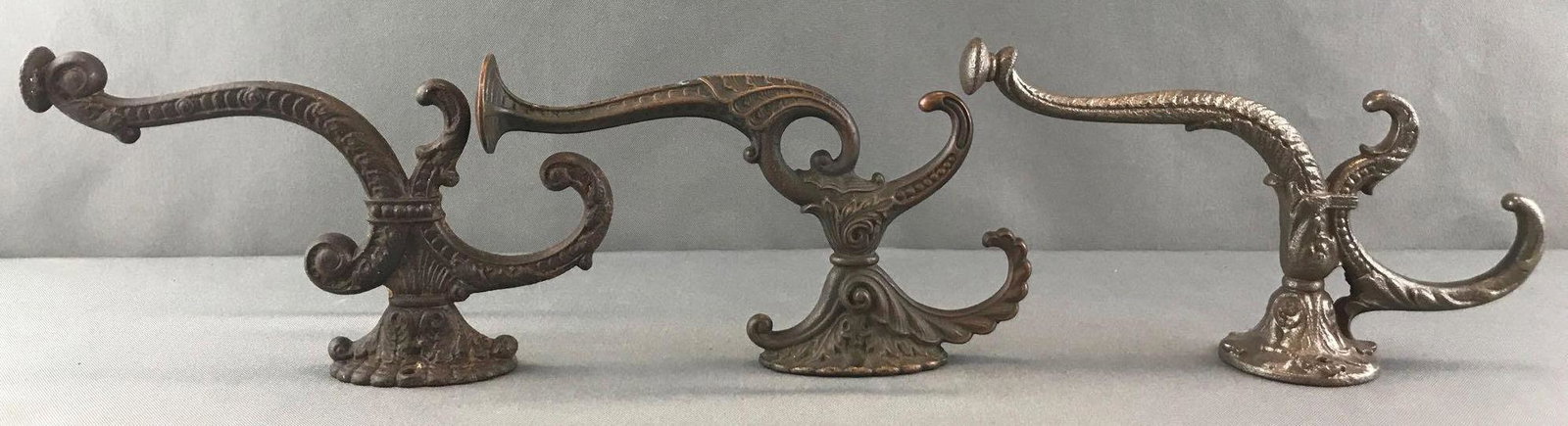 Group of 3 : Vintage/Antique Ornate Coat Hooks/Brackets: Largest is 9 x 2.25 x 5 inches