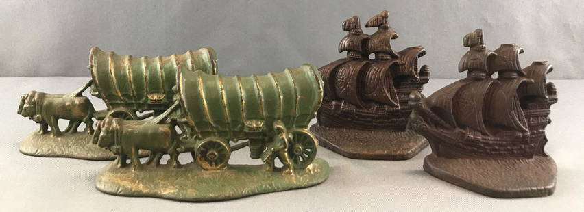 Lot of 2 Sets : Vintage Cast Iron Bookends - Covered: Larger pair measures 6.25 x 1.5 x 2.75 inches - covered wagon, "Champion Hardware Co."