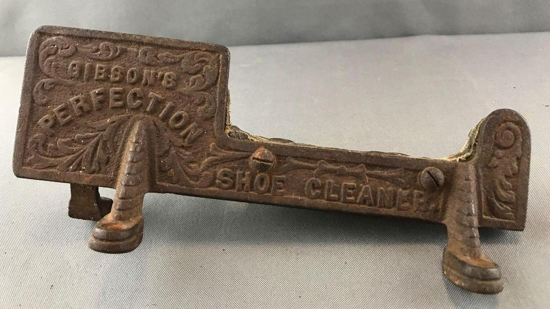 Antique Cast Iron "Gibson's Perfection" Shoe Cleaner: 10 x 3 x 4 inches; one base foot is missing, rusty, used condition