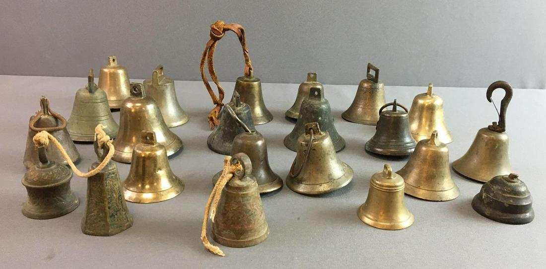 Group of 22 : Antique Brass Sleigh Bells: Includes 3 Persian style bells, 1 with 3 clappers and more, various sizes, largest is 3.5 inches