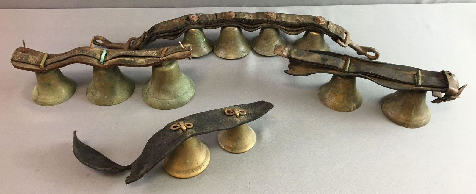 Group of Antique Brass Sleigh Bells on Leather Straps (1 of 10)