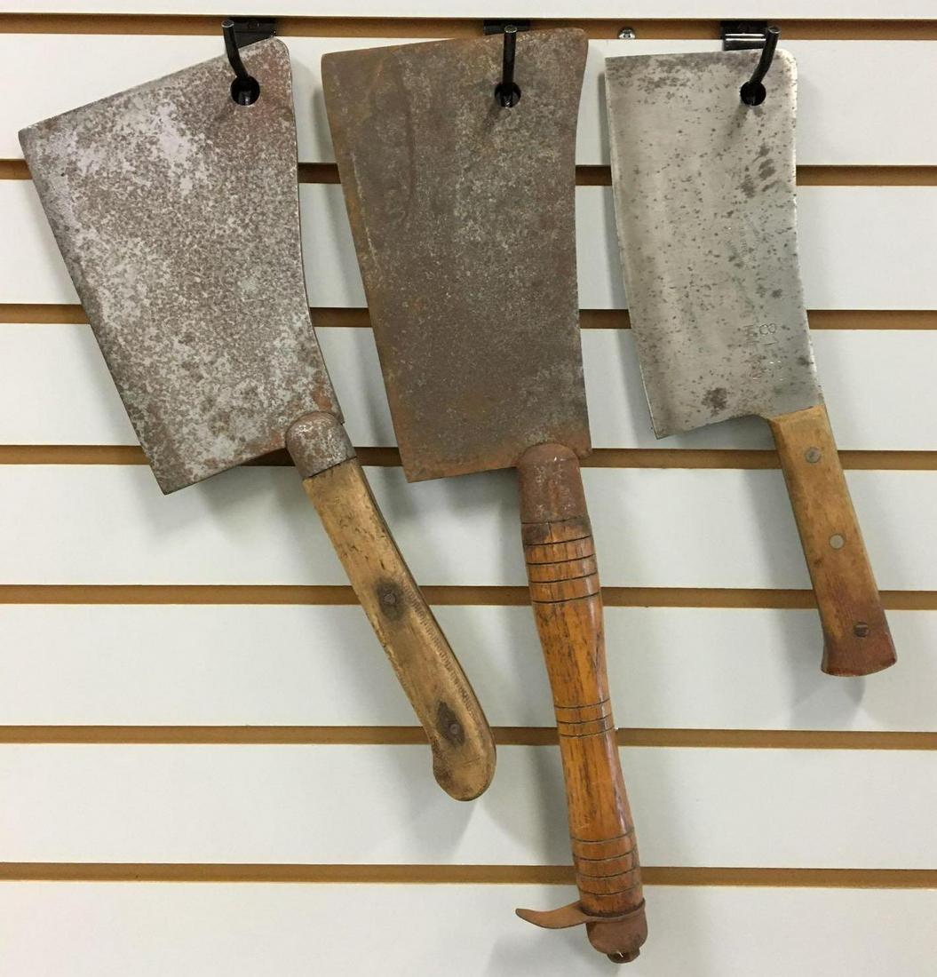 Group of 3 Antique Butcher Knives/Meat Cleavers -: Largest is 19 1/2 inches long with a 9 inch blade; smallest is 13 1/2 inches long with an 8 inch blade