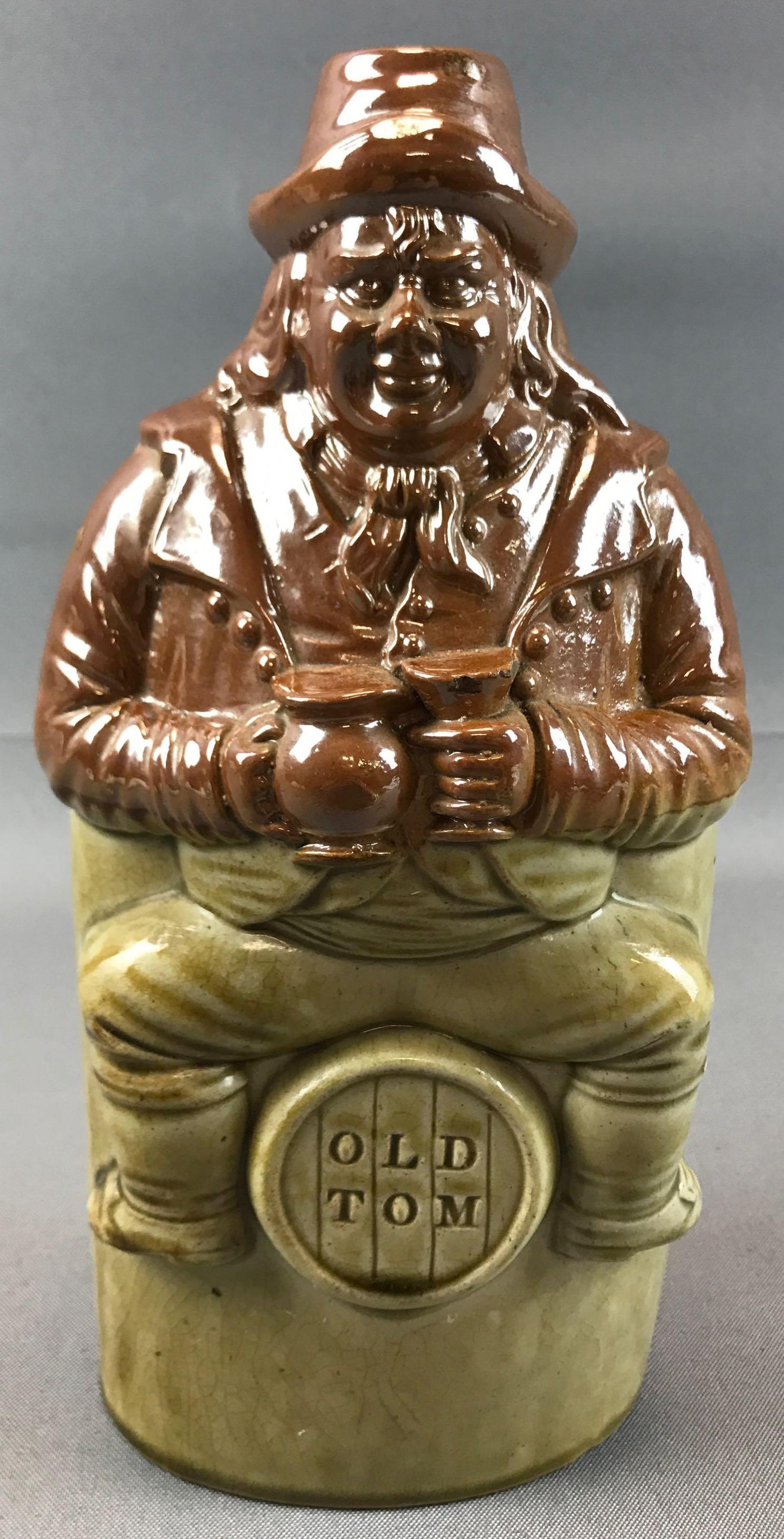 Antique "Old Tom" Salt Glaze Flask: 10 inches tall; "Oldfield & Co, Makers" marked on back - crazing throughout, small crack at lip and no stopper