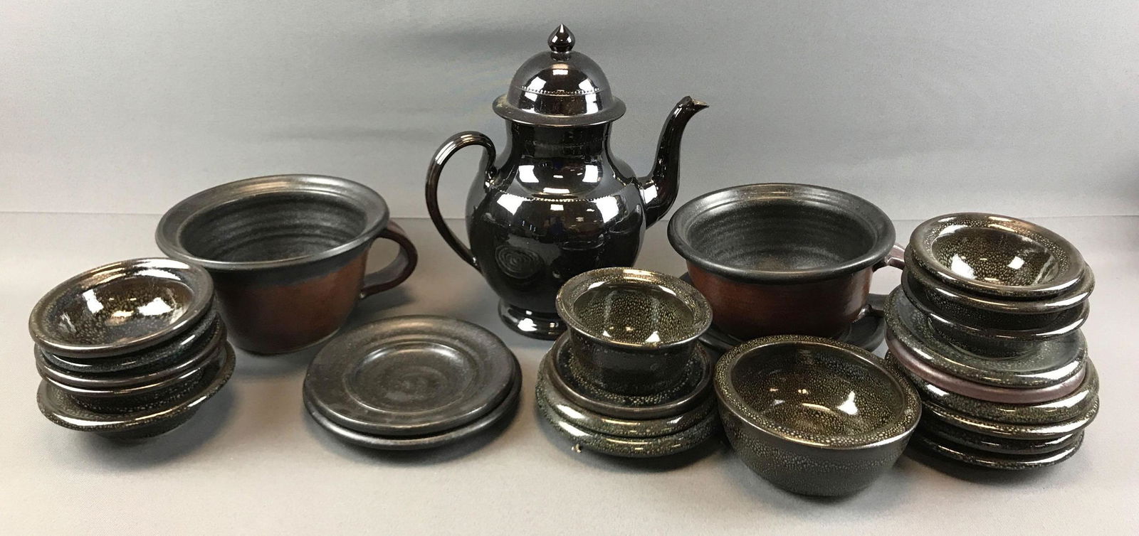 Large Lot of Stoneware Pottery : Teapot, Bowls, Plates (1 of 6)