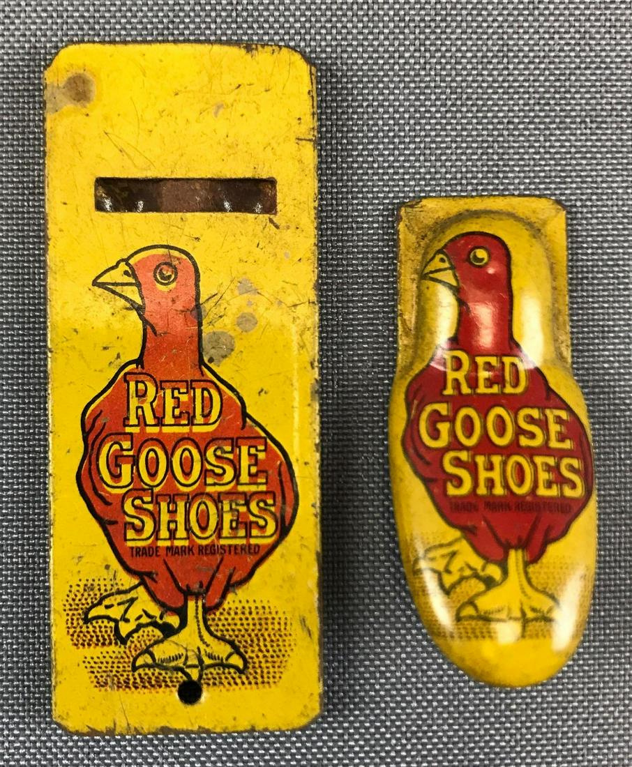 Vintage "Red Goose Shoes" Tin Whistle and Clicker: Whistle is 2.75 inches