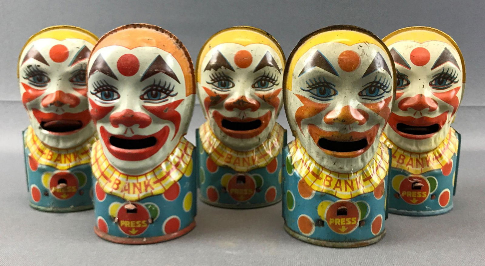 Group of 5 : Antique Tin Clown Banks - J. Cheinv and (1 of 3)