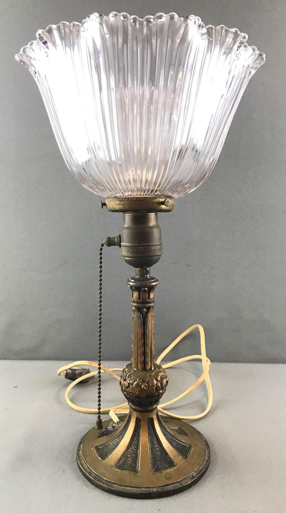 Antique Brass Lamp w/Clear Glass Shade (1 of 7)