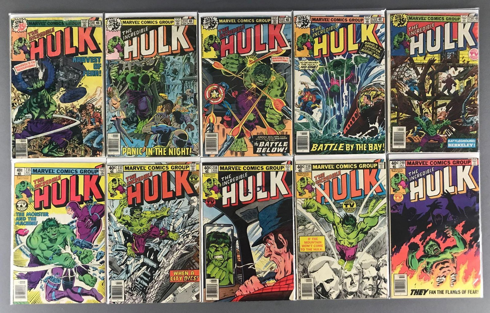 Group of 10 Marvel Comics The Incredible Hulk comic: Includes No. 230-235, 237-240, Dec. 1978-Oct. 1979, Bronze Age, $.35-$.40, bagged and boarded. IncludesÊ1st Appearance of Quasar; Kurt Busiek L.O.C.