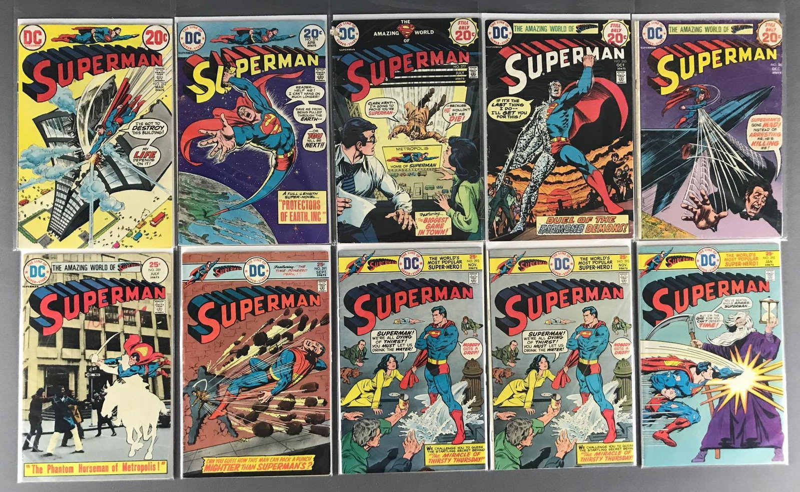 Group of 10 DC Comics Superman comic books: Includes No. 262, 274, 277, 280, 282, 289, 291, 293, 295. 1973-1976, Bronze Age, $.20-$.25, bagged and boarded.
