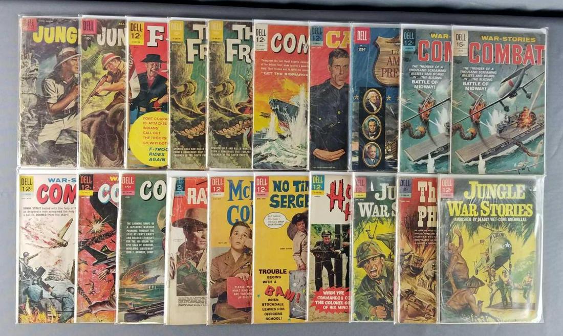 Group of 20 Dell Comics military and other silver age: Jungle Jim, hogans heroes, f-troop, war stories combat, and more. Some have writing or scribbles, damage. Bagged and boarded