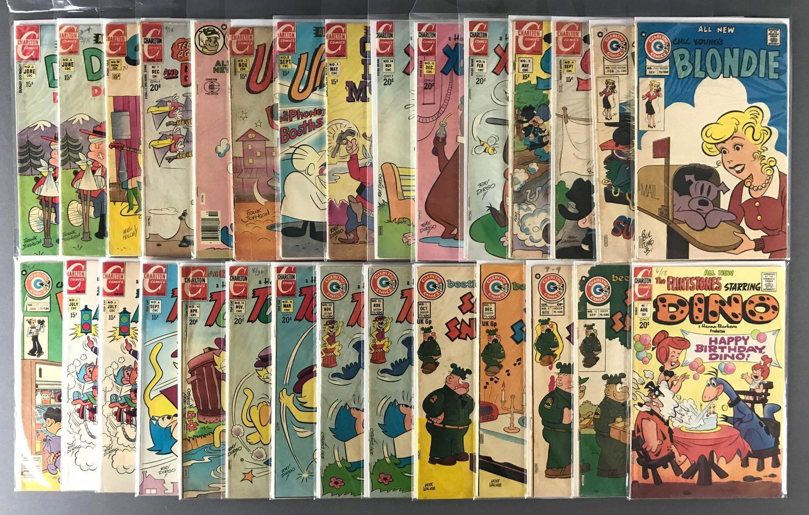 Group of 29 Charlton Comics comic books: Includes Dudley Do-Right, Beetle Bailey featuring Sarge Snorkel, Blondie, and more. Circa 1970-1976, bagged and boarded.