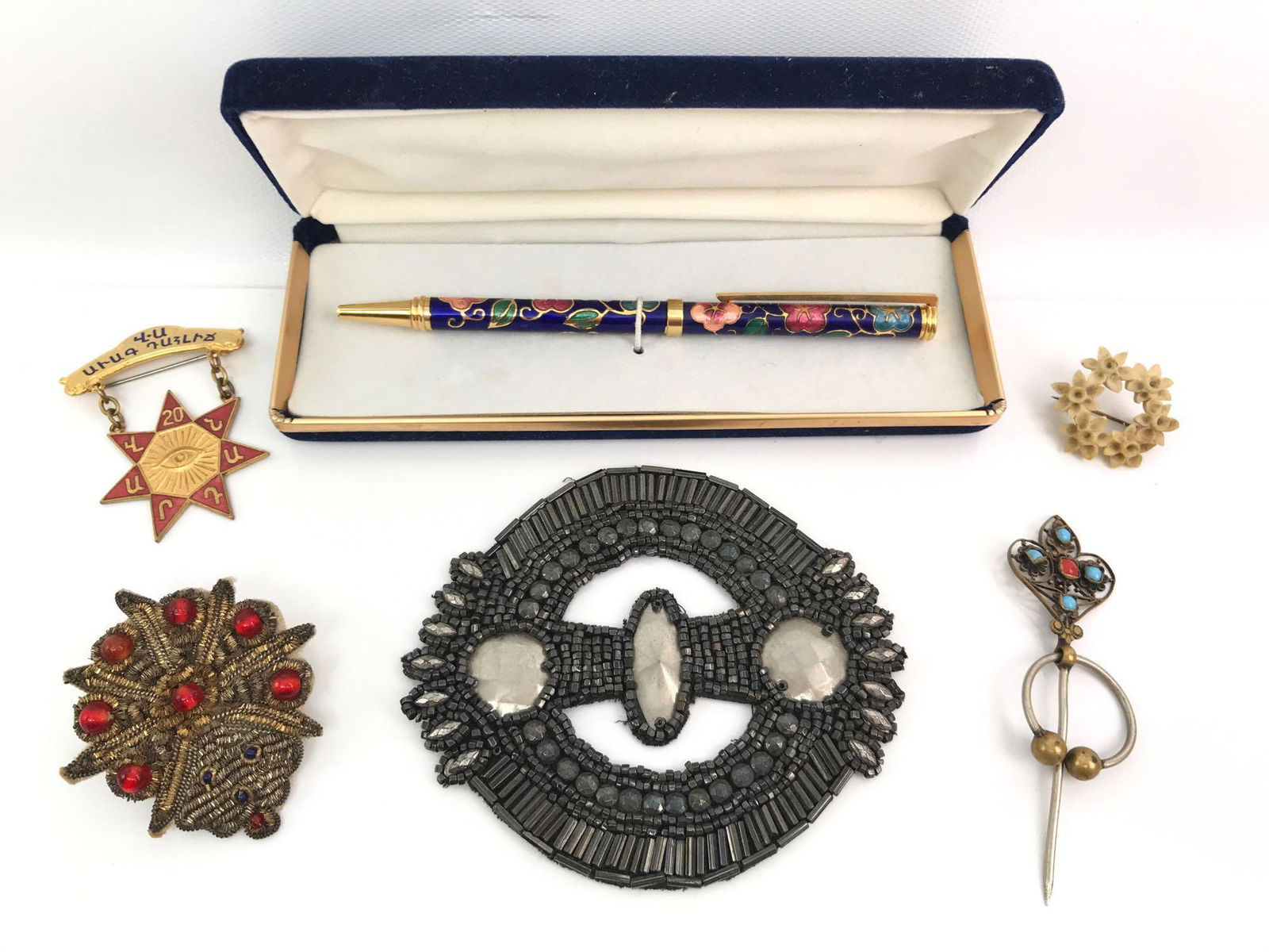 Collection of Vintage Pins, Beaded Emblems, and (1 of 8)