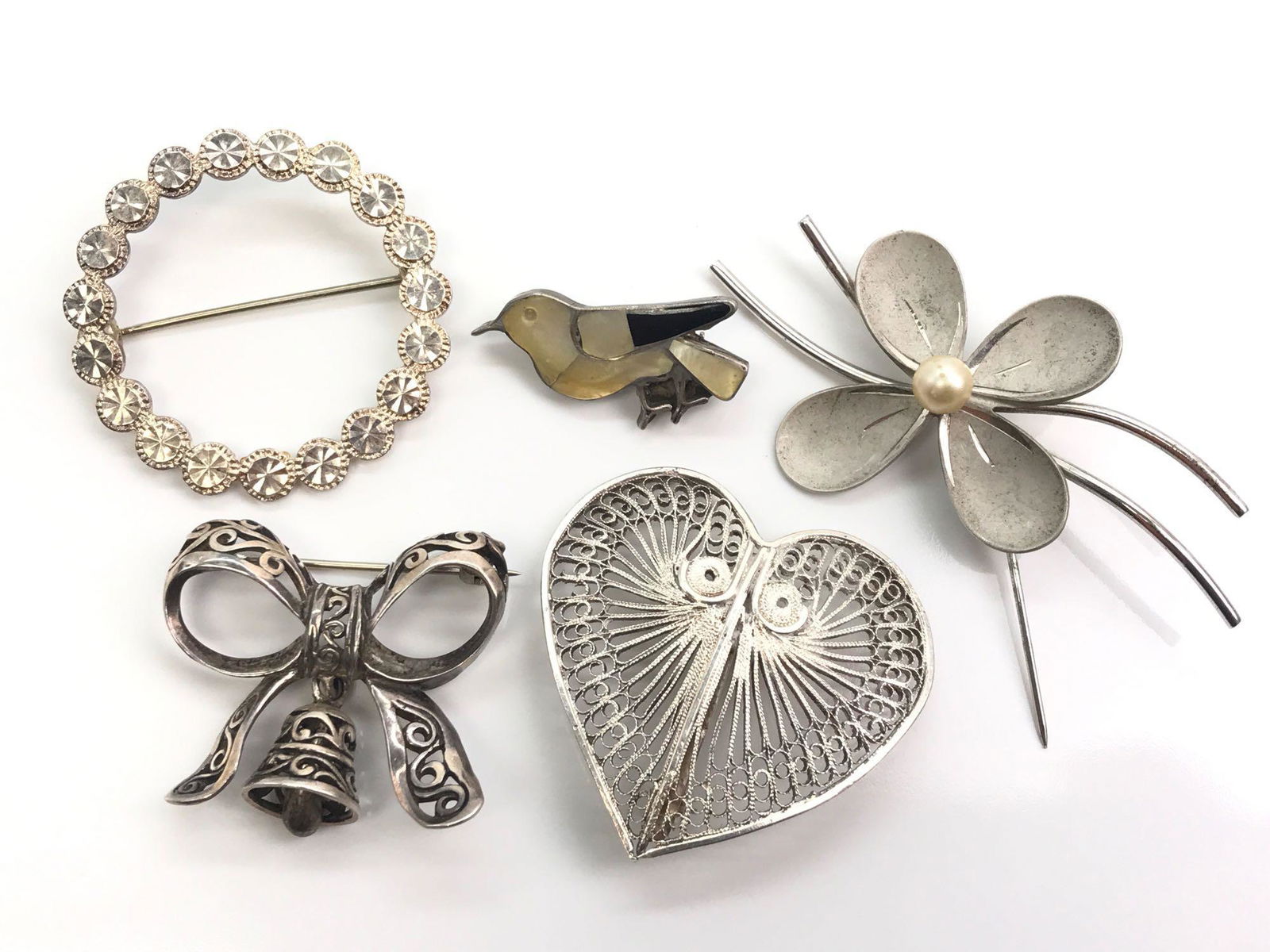 Lot of 5 : Vintage Sterling Silver Brooches - Filigree, (1 of 2)
