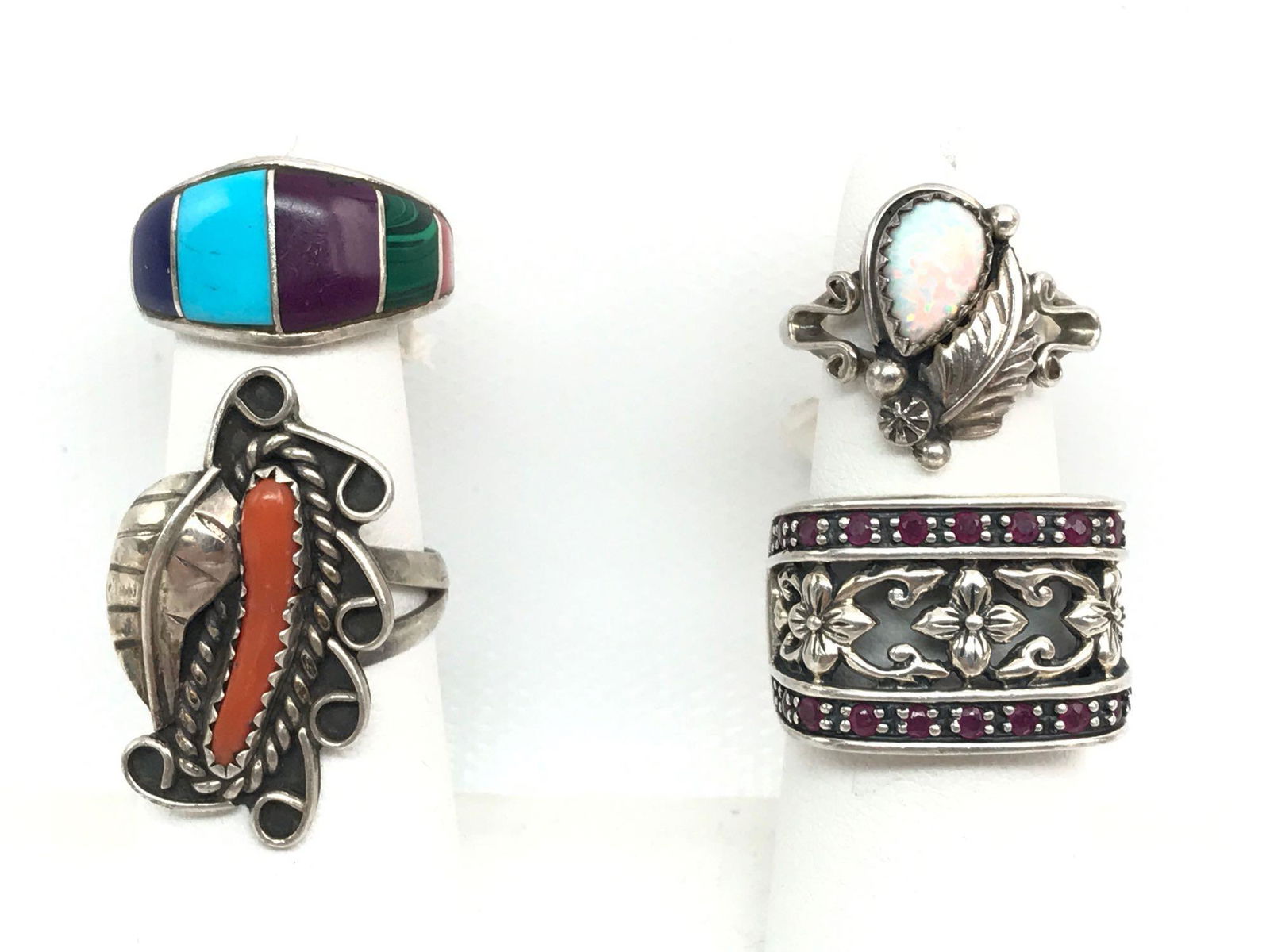 Lot of 4 : Sterling Silver Rings - Ruby, Inlay, (1 of 4)