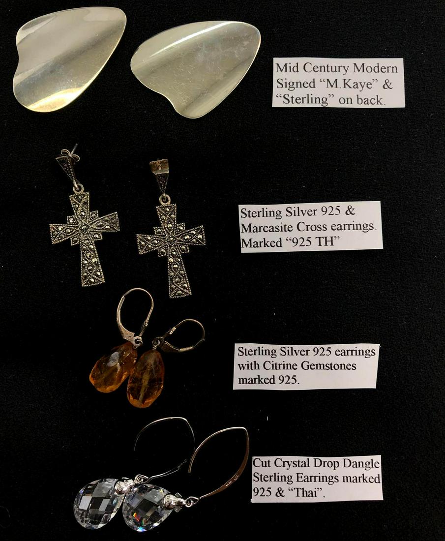Lot of 4 Pairs : Sterling Silver Pierced Earrings - Mid: Lot of 4 Pairs : Sterling Silver Pierced Earrings - Mid Century, Marcasite, Citrine, and Crystal Drops. The largest pair of mid century sterling silver earrings are signed "M Kaye" and measure 1 1/2 x