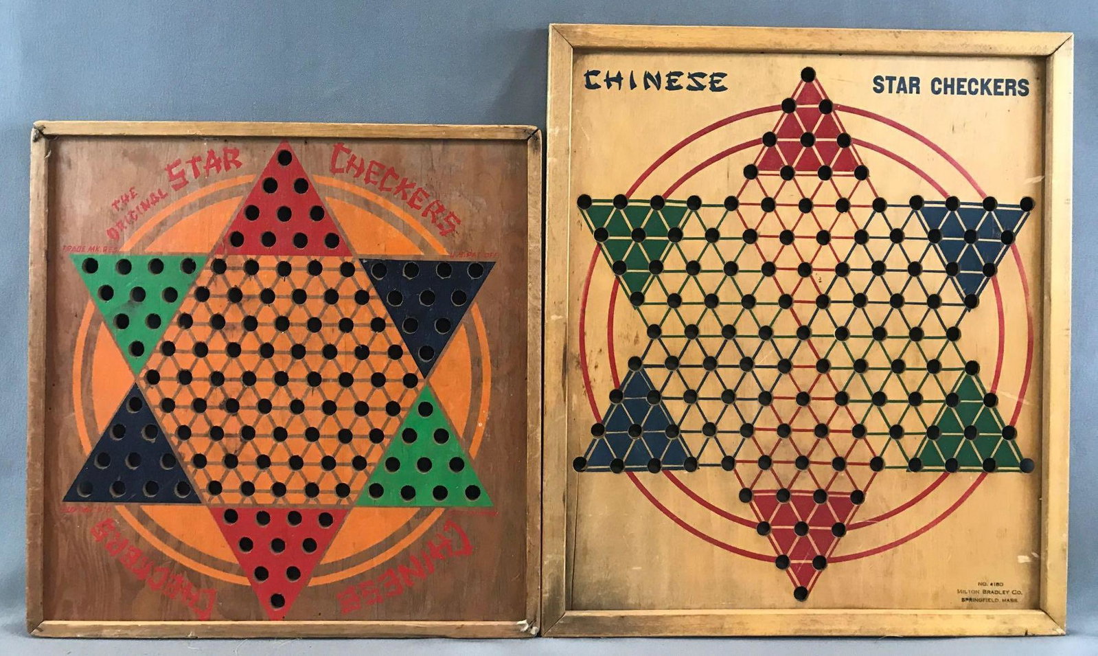 Group of 2: Vintage (late 1930s, early 1940s) Wooden: Larger is Milton Bradley No. 4180, Springfield, MA, 16 3/4 x 19 inches, smaller is mfg by Ballard, Topeka, KS, 15 3/4 x 15 3/4 inches - loose frame, fragments of original rules remain