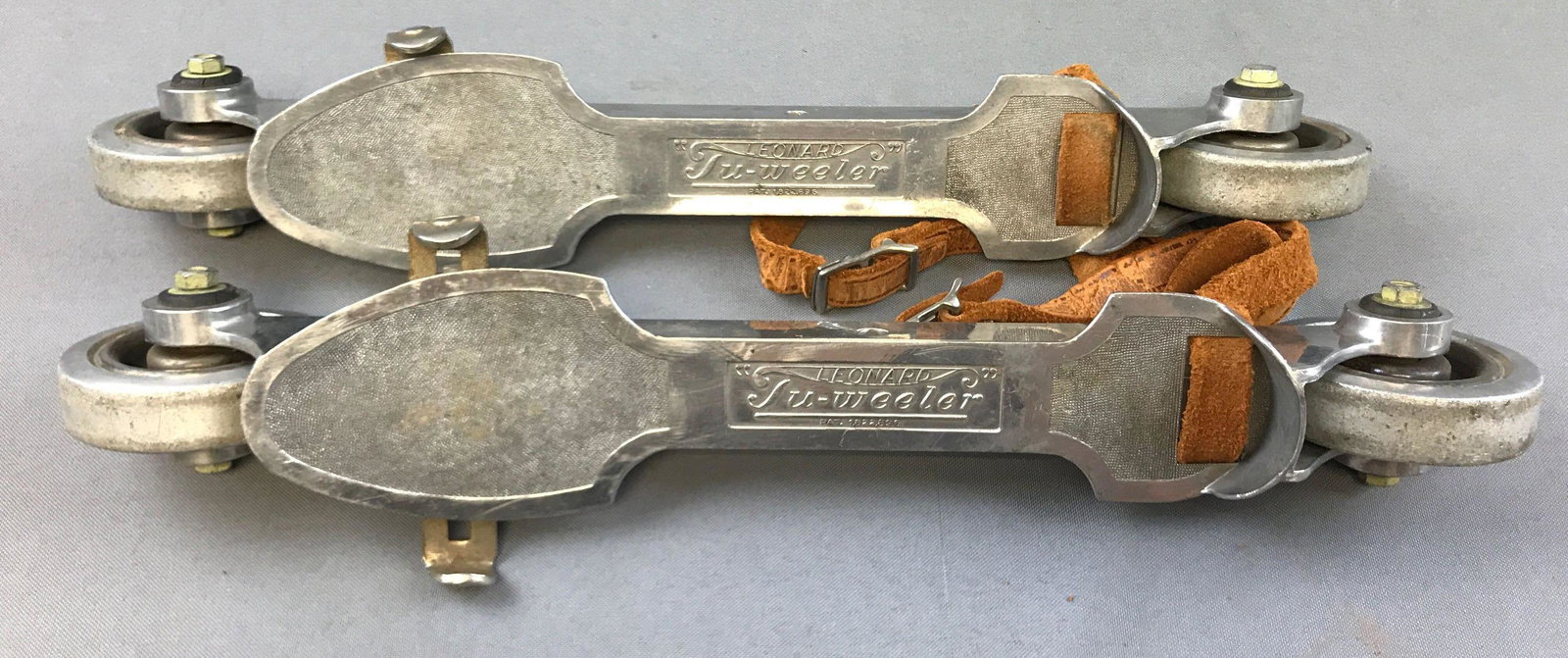 Vintage (c. 1932) Inline "Tu-Wheeler" Roller Skates: 15 inches long; Leonard Roller Skate Company - circa 1932