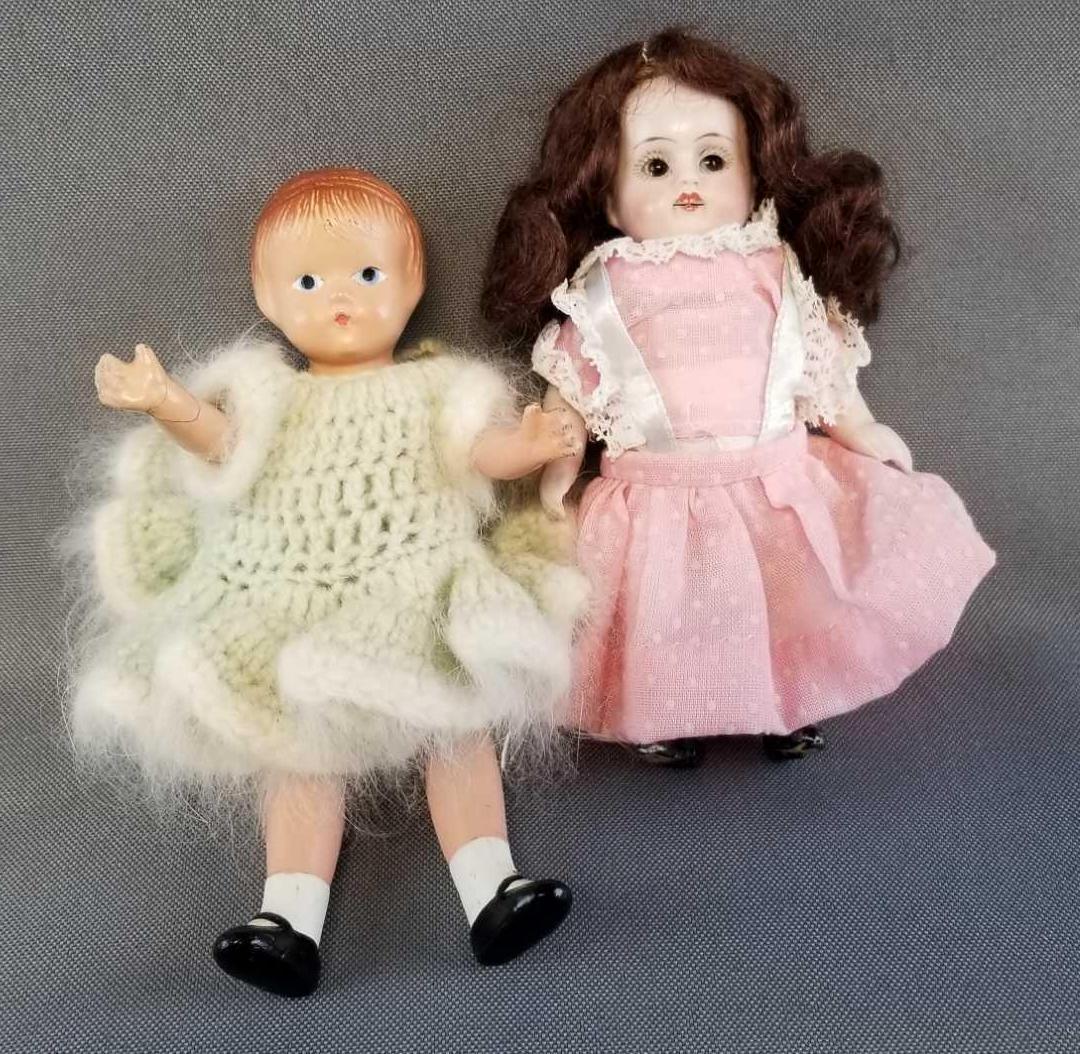 Group of 2: Small Vintage Dolls - Kestner and Effanbee: 5 inch Kestner;all bisque, #150 w/brown sleep eyes and6 inch Effanbee"Wee Patsy"