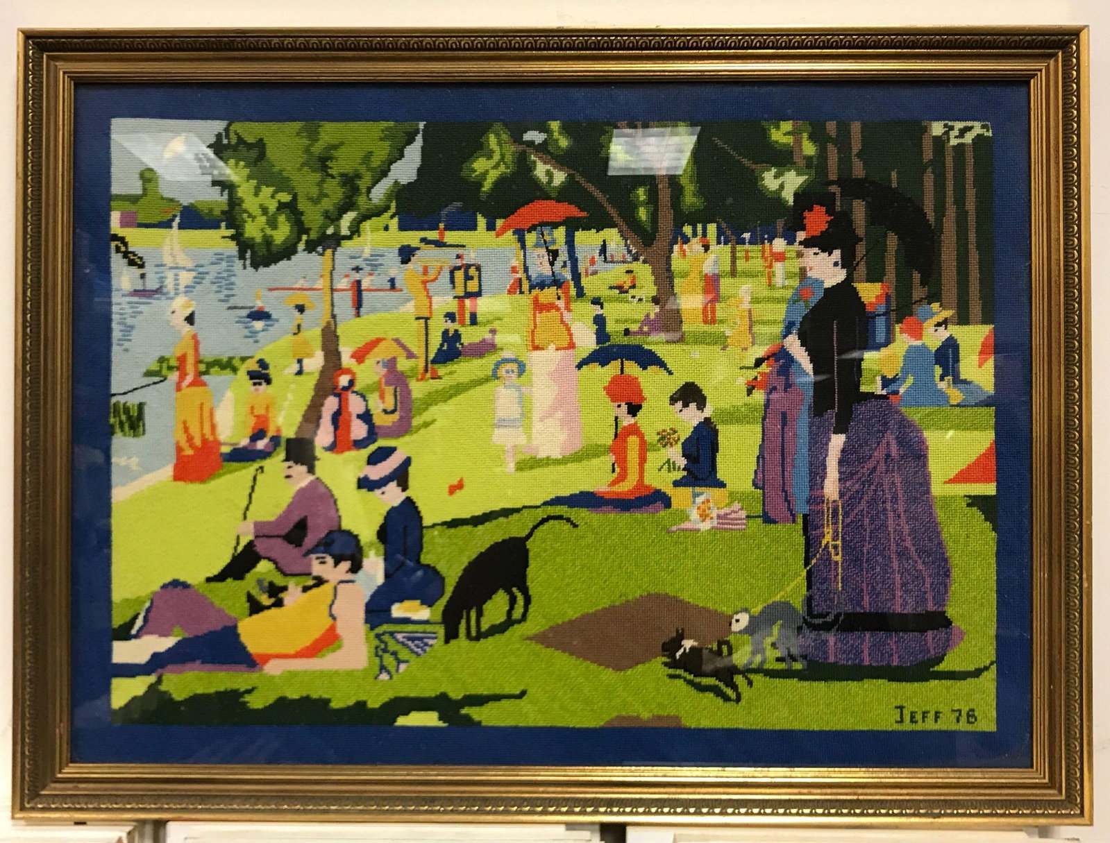 Vintage Framed Needlepoint : Seurat's "A Sunday: Frame size 32 1/4 x 24 inches; signed "Jeff 76"