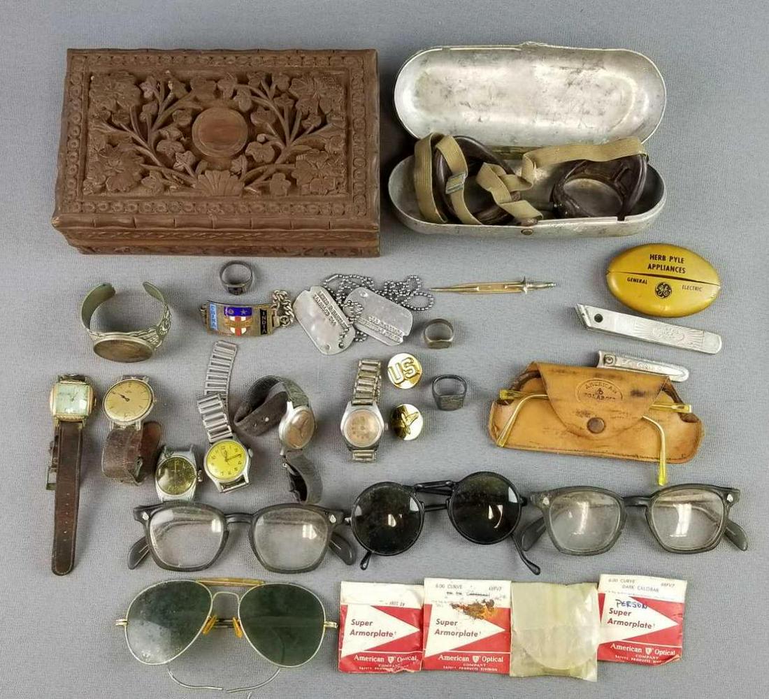 Group of Vintage Watches, Glasses + more: Includes hand carved jewelry box and Indian coins