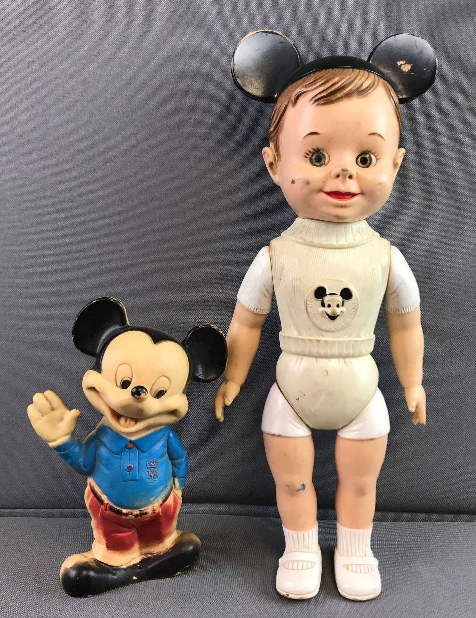 Vintage Plastic Mickey Mouse and Mouseketeer Doll: Mouseketeer doll is 11 1/2 inches tall; both Mickey and Mouseketeer have wear and stains