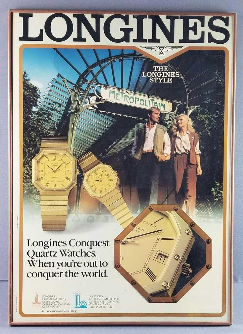 Framed Longines Watch Poster: Frame size is 20 x 28 inches. "LonginesConquest Quartz Watches" - some wear to poster and frame