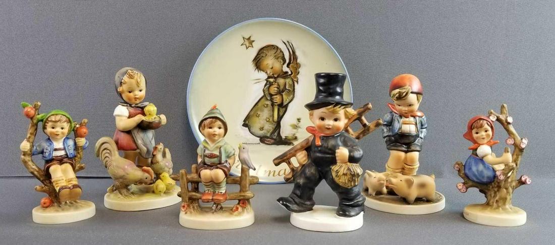 Group of 6: Hummel figurines, 1971 Christmas Plate: Goebel, W Germany. Taller figurines are 5 1/2 inches