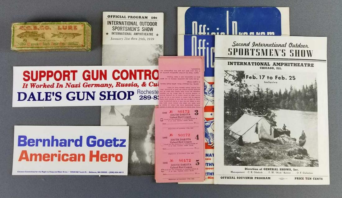 Group of Vintage Sportsmen's Show Programs + more: Lot includes a lure box, bumper stickers, and vintage hunting Ephemera