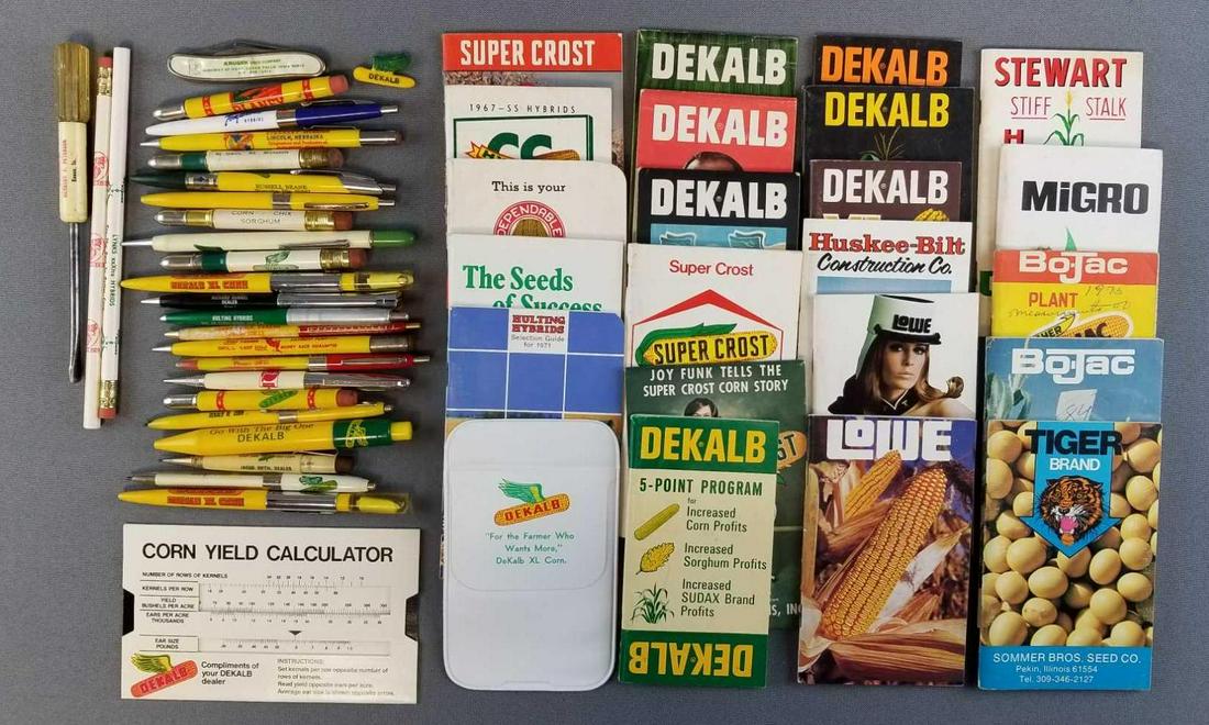 Group of Farming Booklets, Pens, Pencils + more: Lot includes: DeKalb, HultingHybrids, Super Crost and others