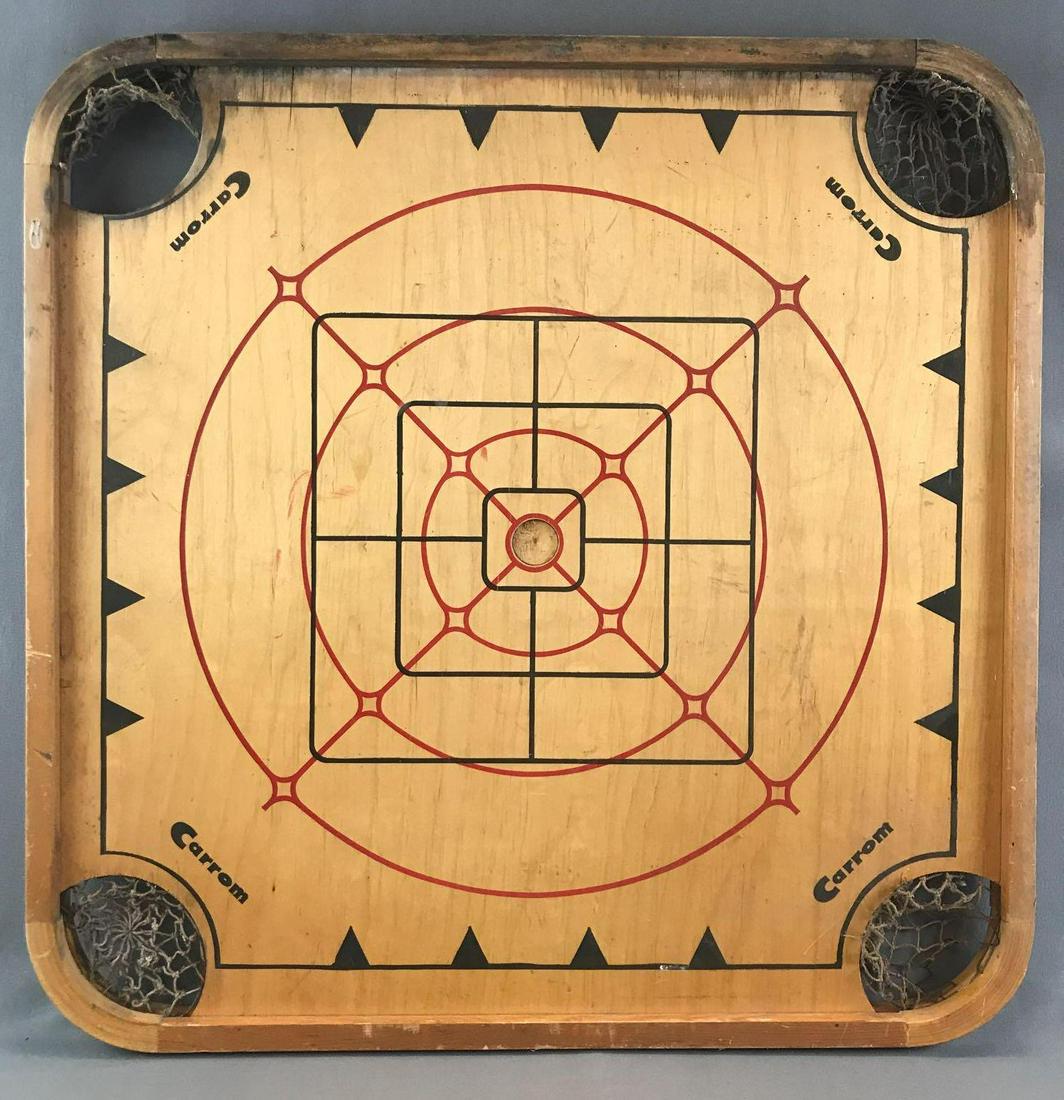 Vintage Carrom Game Board: Gameboard measures approximately 26 1/4 x 26 1/4 inches - damaged pockets, missing pieces