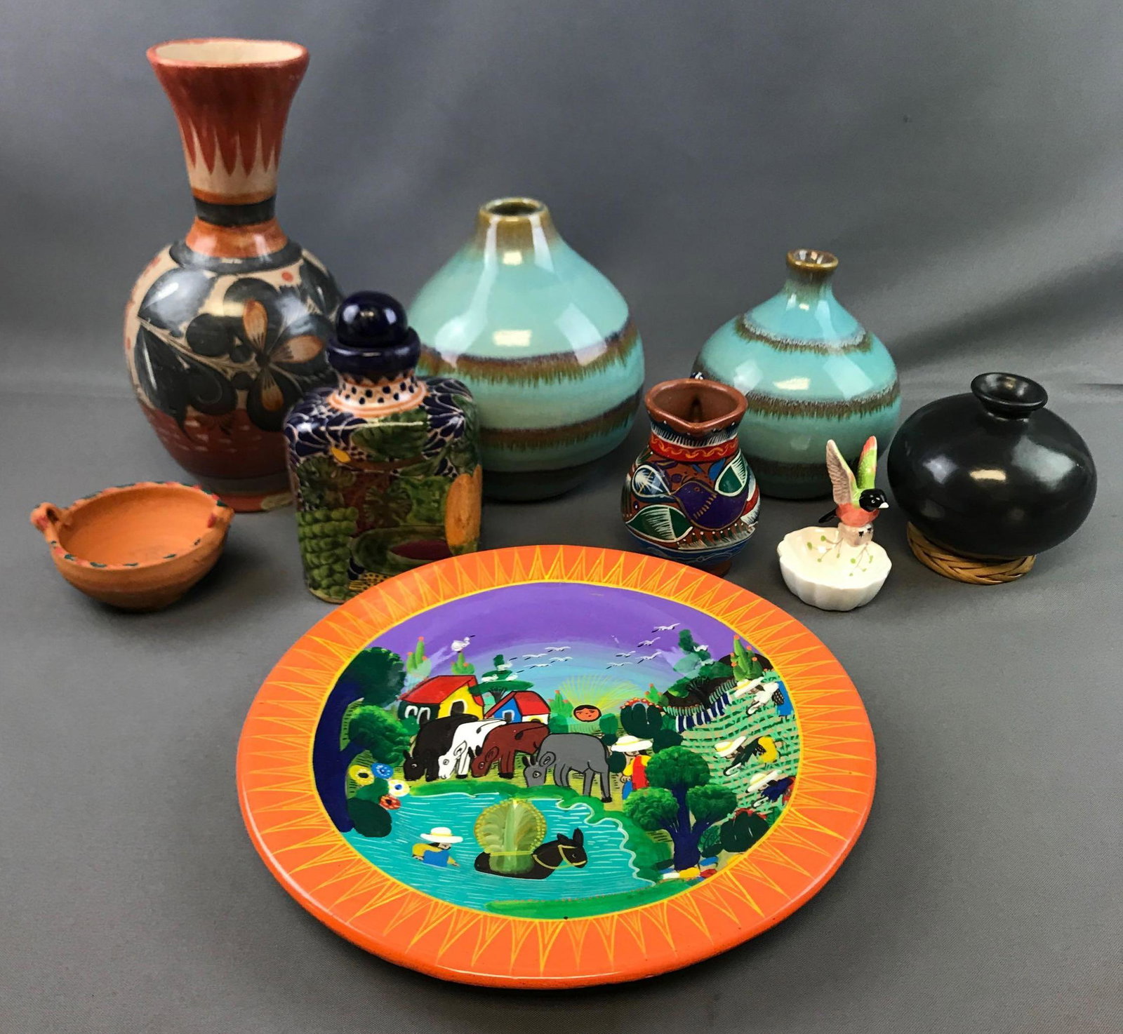 Group of Pottery Items: Tallest measures 12 inches with a base chip; Mexican/Native American