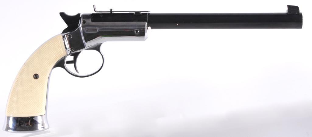 Hawes .22 Cal. Single Shot Top Break Pistol: Serial Number 07816, Hawes 22 cal single shot top break handgun with nickel plated frame and black barrel, trigger and hammer. This one has the original rear sight but does not have hood on the front