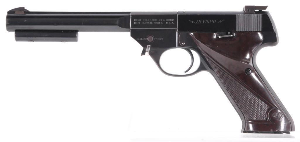 High Standard Olympic .22 Short Cal. Semi Auto Pistol: Serial Number 412757, Semi-Auto 22 Short, Brown Plastic Thumbrest Grips, 6 3/4" barrel, adjustable rear sight. Fantastic Target Gun w/3 oz. stabilizer weight, Grooved front and back straps on frame. N