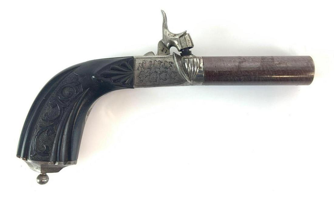 Antique Belgian Damascus Twist Barrel Black Powder: Drop Trigger, .75 Cal., Stamped 11. Overall Length 6 1/2 inchesÊ