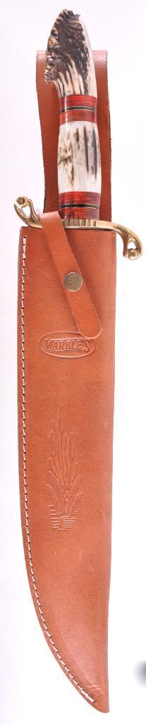 Marble's Large Bowie Knife with Stag Handle and Leather: Overall Length 21 3/4 inches