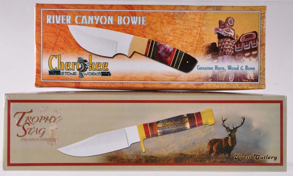 Group of 2 Stag Handle Fixed Blade Knives New in: Includes River Canyon Bowie by Cherokee Stone Works and Trophy Stag Hunting Knife Frost Cutlery, Longest Overall Length 10 inches, MIB