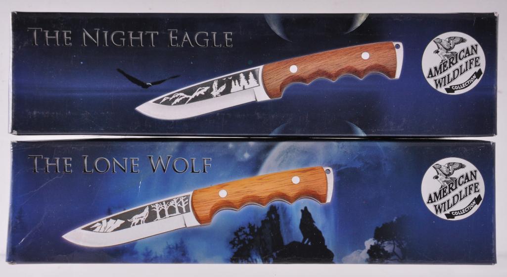 Group of 2 American Wildlife Collection Fixed Blade: Like New with Original Boxes, Includes The Night Eagle and The Lone Wolf, Overall Length of Both 9 1/2 inches