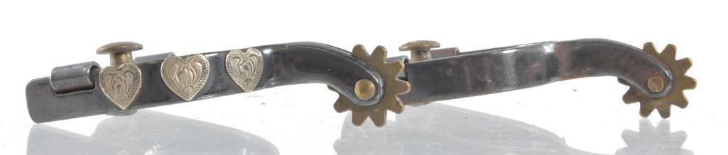 Antique Childs Western Cowboy Spurs with Silver Heart: Flower Button Design, Heel Width 2 inches, Total Measurement 2 1/2 x 4 x 1 inches
