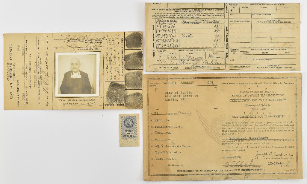 WW2 Era Civil Defense Ephemera: Includes CD Identification Card, Certificate of War Necessity Commercial Vehicle Fleet Unit Card, and MoreÊ