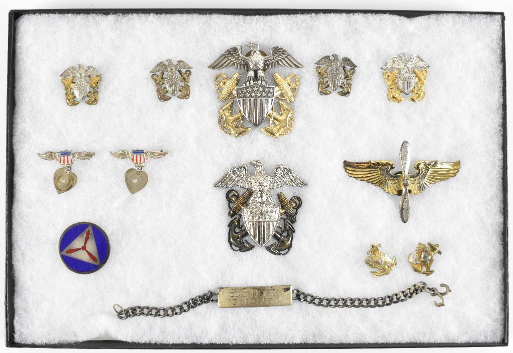 WW2 Sterling Silver Insignia Group: Includes 2 Navy officer cap badges, 4 Navy officer O/S hat badges, AAC Pilot training cap device, pair of Navy collar devices made into earrings, 2 sweetheart pins, ID bracelet, civil air patrol devic