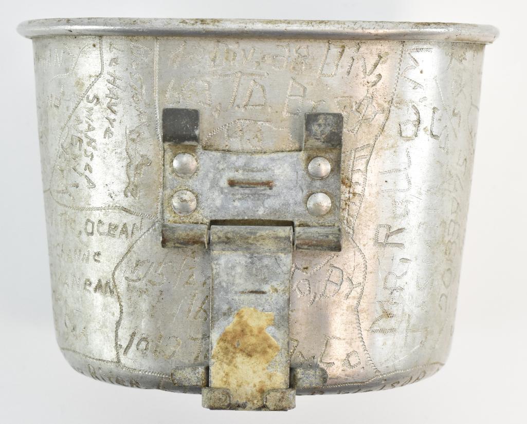 WW2 US Canteen Cup Completely Etched with Names,: 43rd Division, 38th Division, 643 TD Bn and so much more