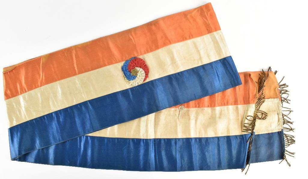 Large Silk Civil War to 1880's Patriotic Banner: Very Nice Condition, Approximately 9 x 105 inches, only a couple of small holes, silk and bullion rosette, bullion fringe, fine example