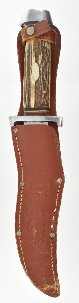 Siberian Skinner Knife with Stag Handle and Leather: Marked G.C. Co. Solingen Germany 431, 13 3/4 inches with Sheath